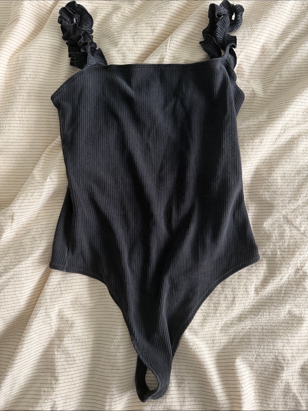 Sunday Best Black Ribbed One-Piece with Ruffle Straps